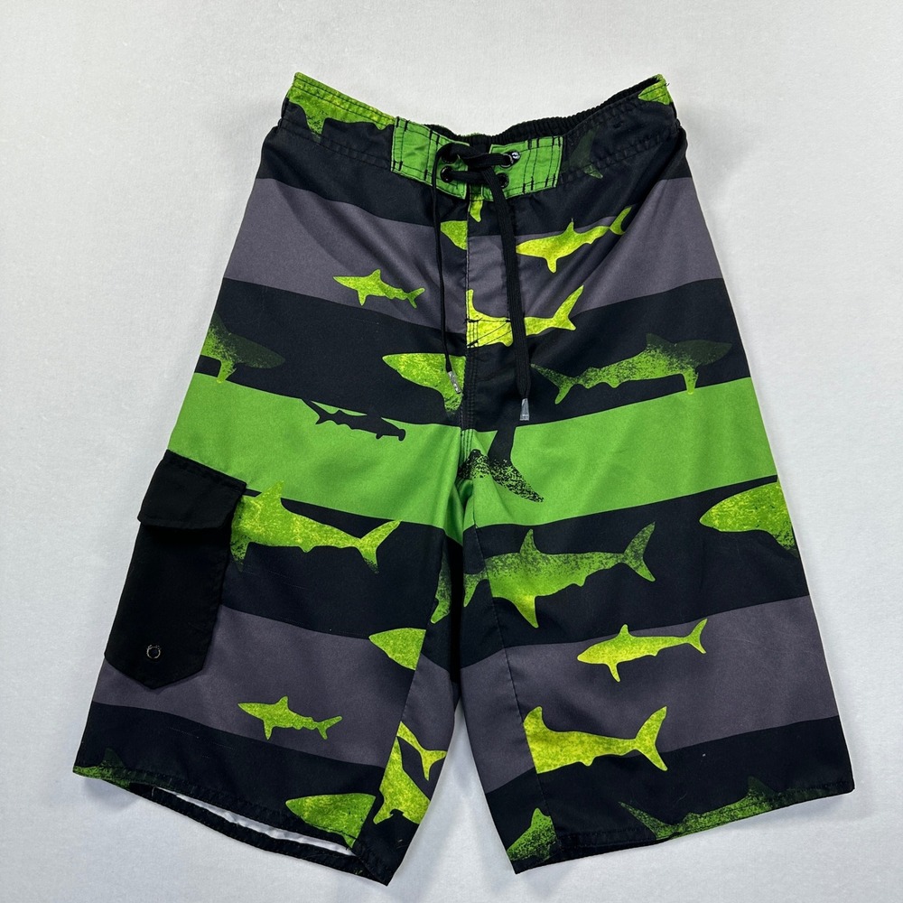 Hang Ten Shark Board Shorts Size Large Green Black Striped Swim Trunks Surf